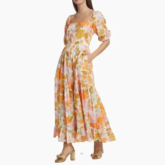 MILLE Manon Floral Cotton Tiered Maxi Dress Puff Sleeve Smocked Tuckernuck - Picture 3 of 15